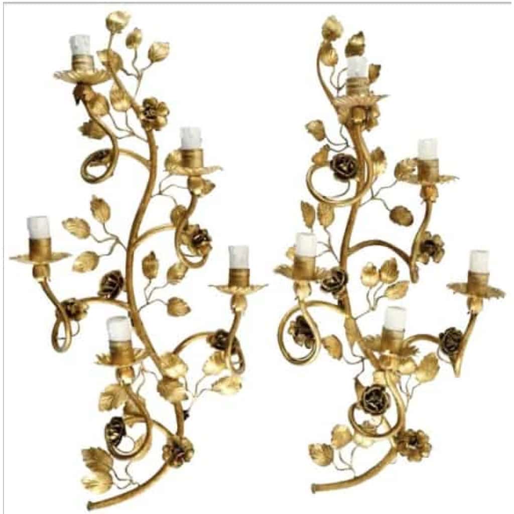 1960 Grande Paire d’Appliques « Rosier sauvage » de la Maison FlorArt | Biron |||||