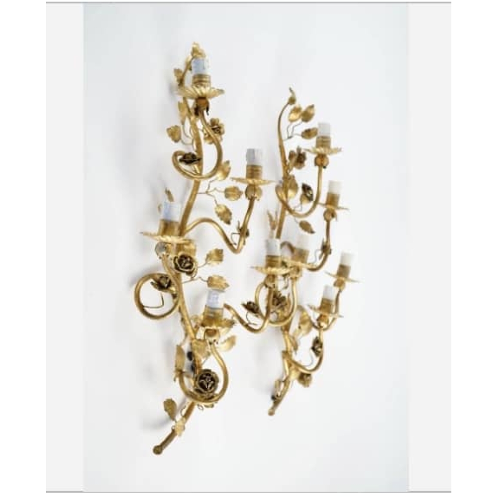 1960 Grande Paire d’Appliques « Rosier sauvage » de la Maison FlorArt | Biron 1960 Grande Paire d'Appliques "Rosier sauvage" de la Maison FlorArt