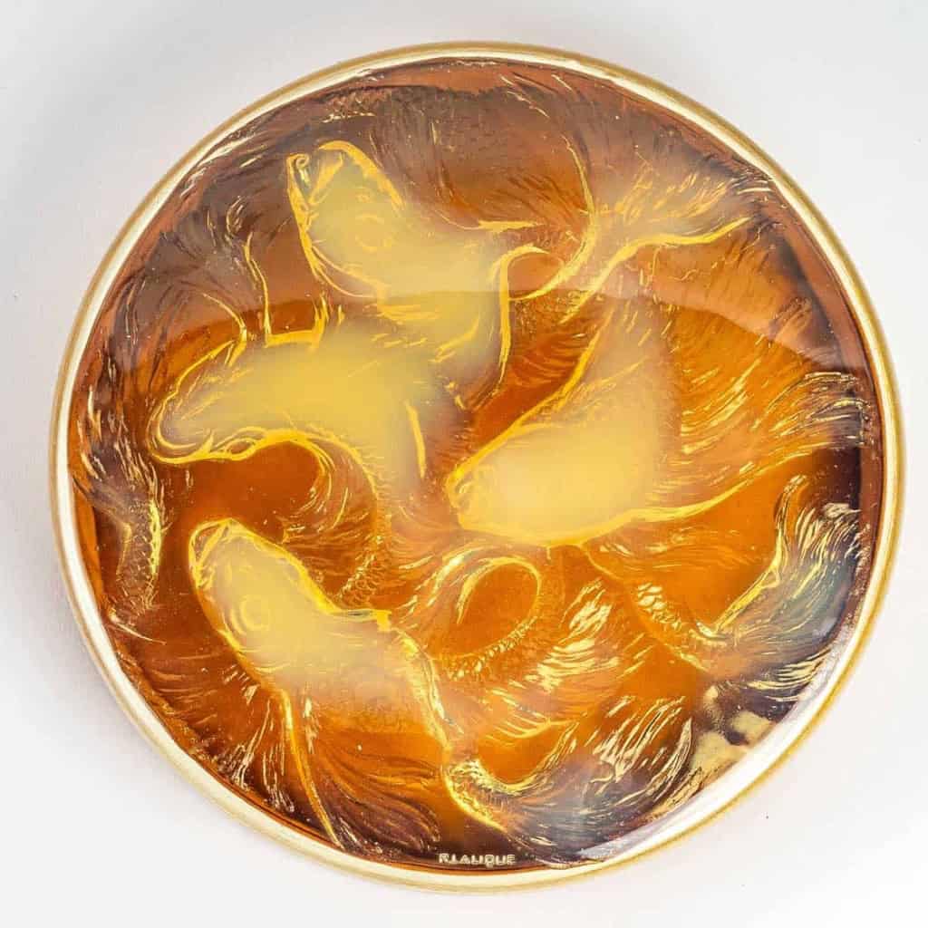 Boîte « Cyprins » verre jaune opalescent – vase satin orange de René LALIQUE | Biron ||||||