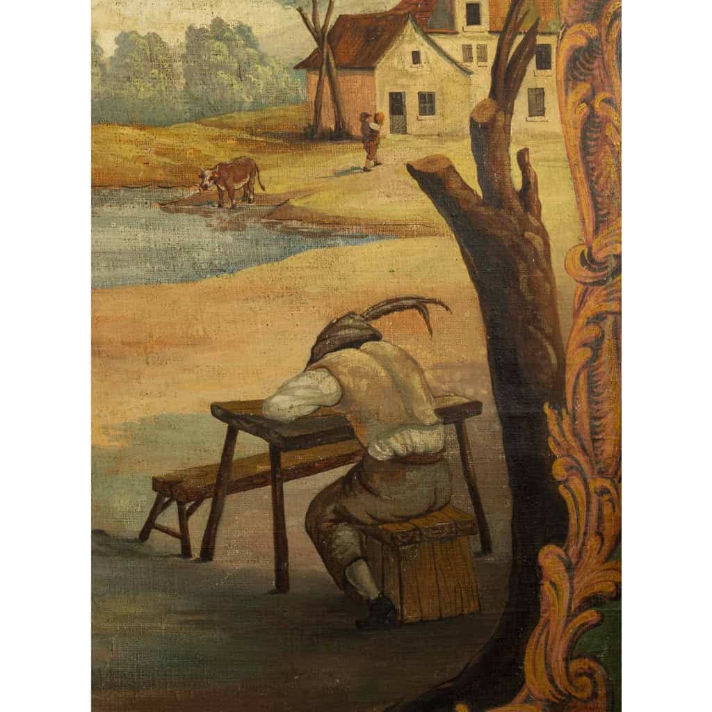 Paravent en toile peinte, 1ère moitié du XIXème siècle. | Biron Paravent en toile peinte, 1ère moitié du XIXème siècle.