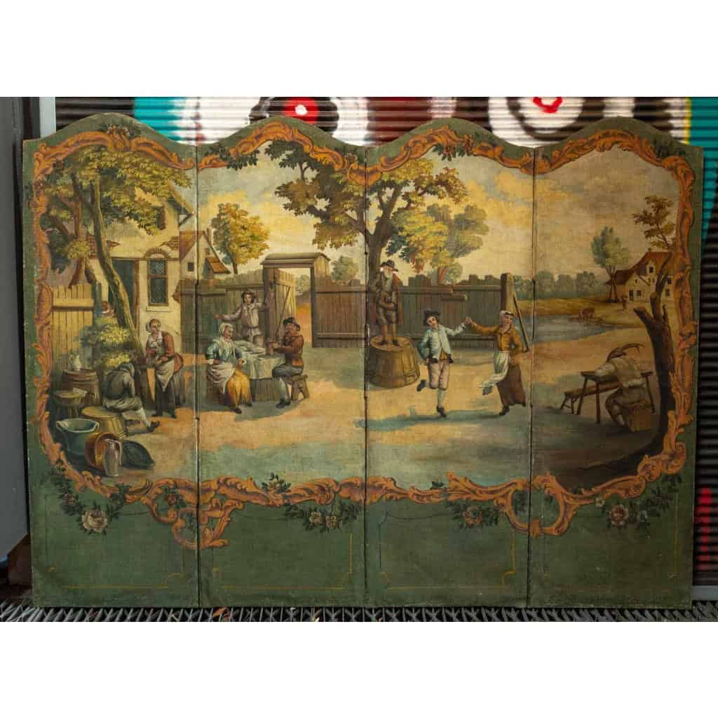 Paravent en toile peinte, 1ère moitié du XIXème siècle. | Biron Paravent en toile peinte, 1ère moitié du XIXème siècle.