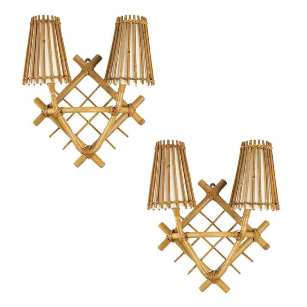 1960 Paire d’appliques en rotin Louis Sognot | Biron |||||