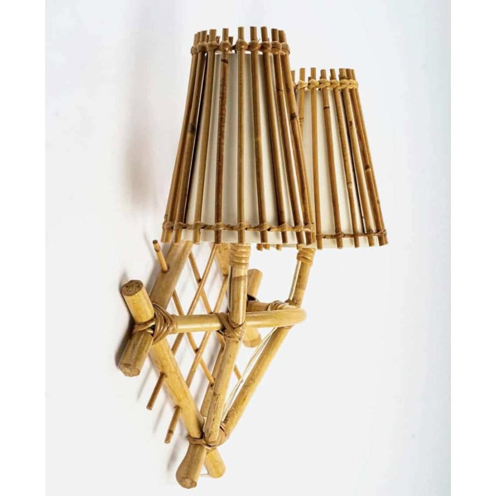 1960 Paire d’appliques en rotin Louis Sognot | Biron 1960 Paire d'appliques en rotin Louis Sognot