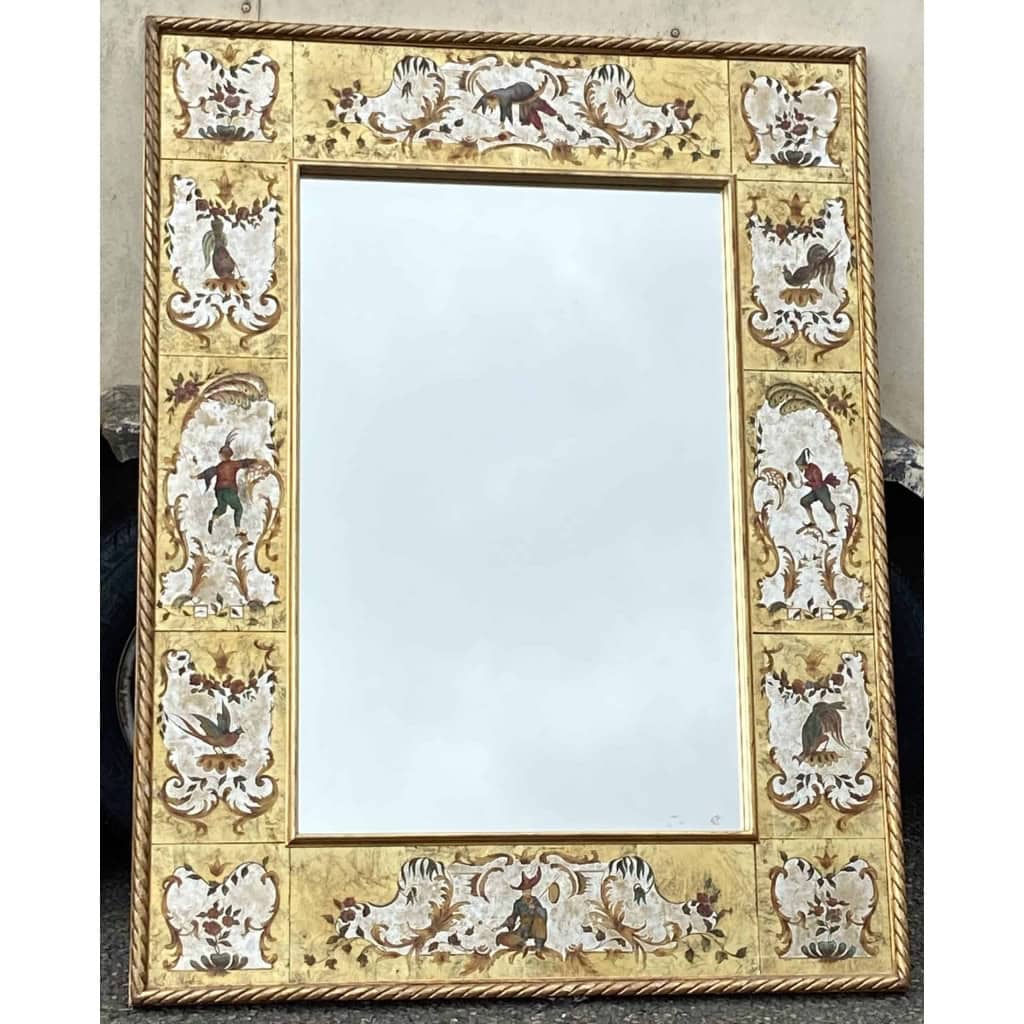 1950/70 Miroir aux Chinois Décor Eglomisé Et Feuilles d’Or | Biron |||||||||