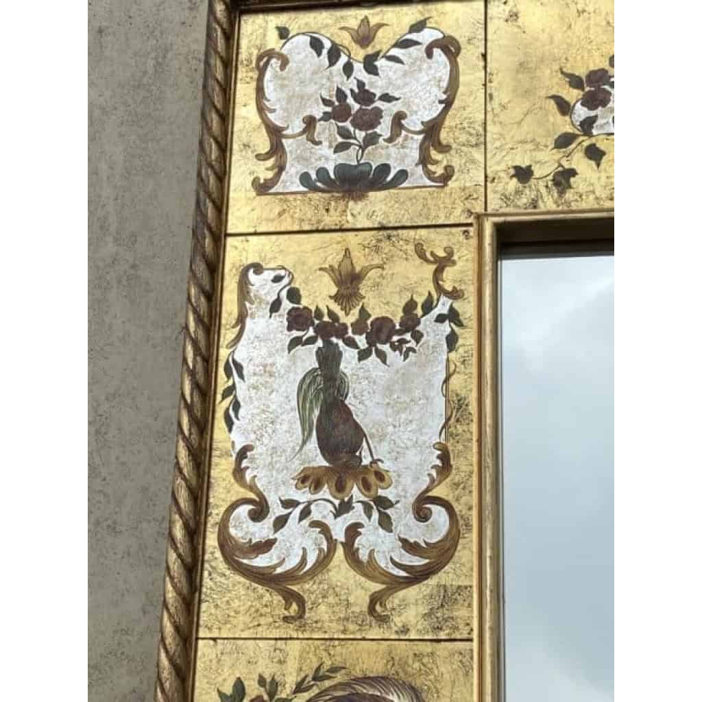 1950/70 Miroir aux Chinois Décor Eglomisé Et Feuilles d’Or | Biron 1950/70 Miroir aux Chinois Décor Eglomisé Et Feuilles d’Or