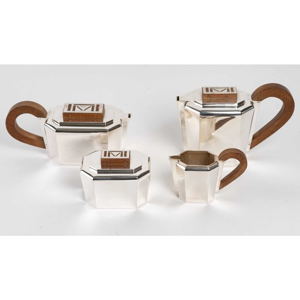 Service à Thé Et à Café à Pans Coupés Argent Massif Et Noyer de 1937 Jean E. PUIFORCAT | Biron |||||||||||||||||||