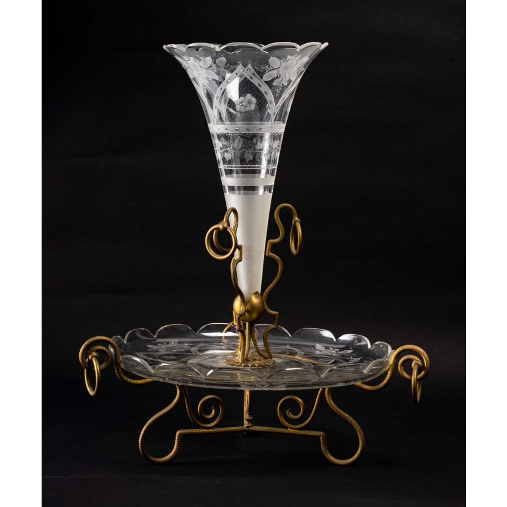 Coupe en cristal gravé et bronze coupe et cône soliflore 6
