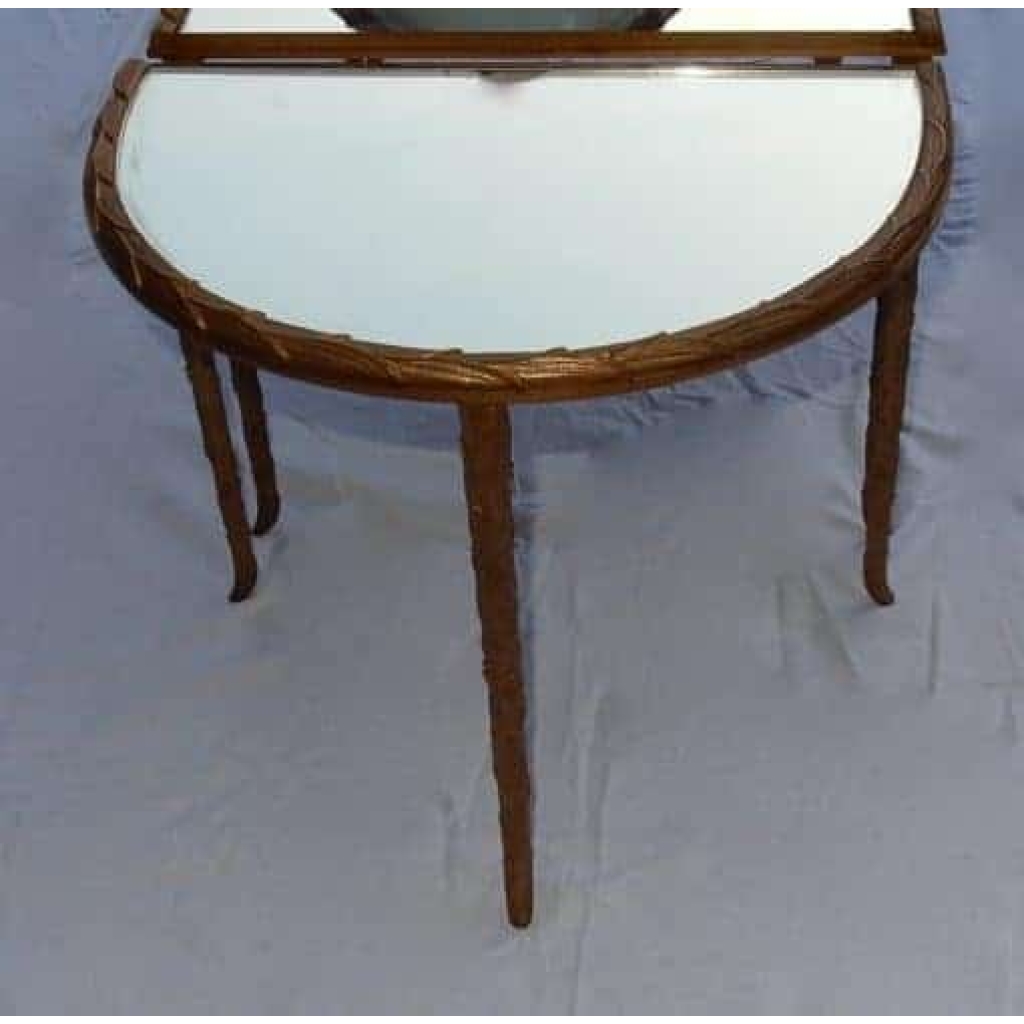 1970' Table Tripartite Maison Charles Décor Palmier en Bronze Doré avec Plateaux Miroir