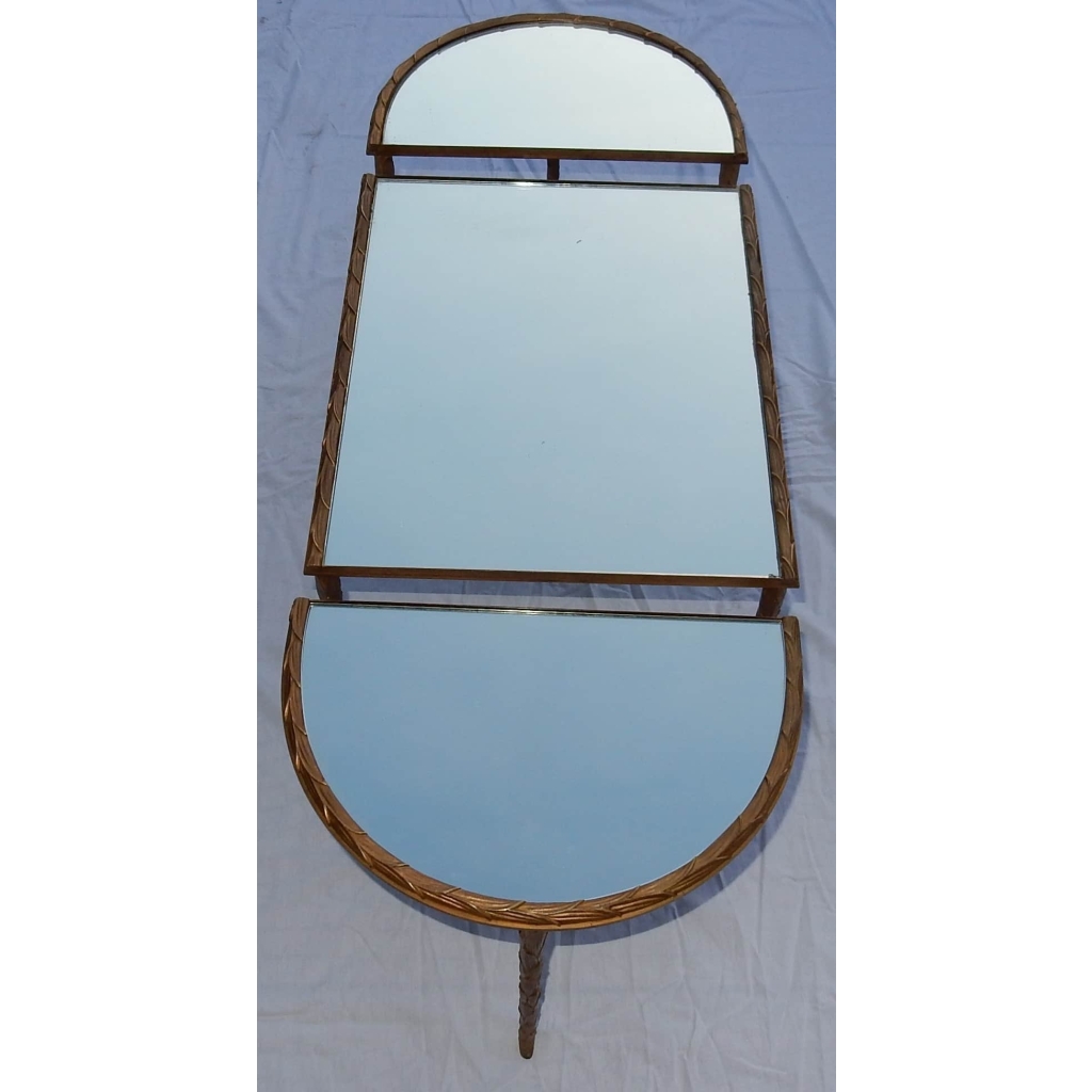 1970' Table Tripartite Maison Charles Décor Palmier en Bronze Doré avec Plateaux Miroir