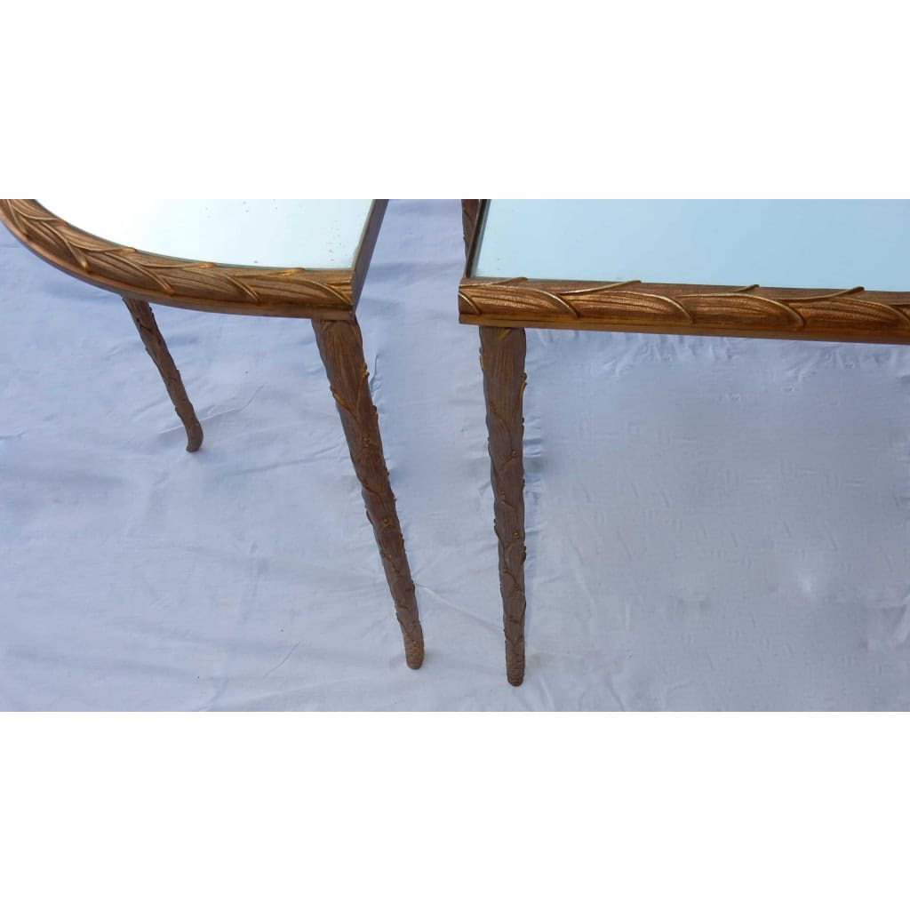 1970' Table Tripartite Maison Charles Décor Palmier en Bronze Doré avec Plateaux Miroir