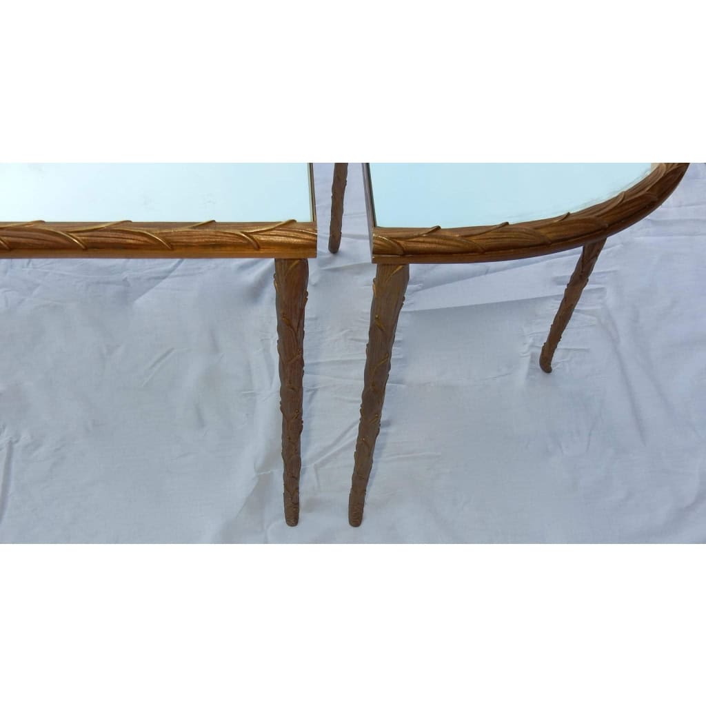 1970' Table Tripartite Maison Charles Décor Palmier en Bronze Doré avec Plateaux Miroir