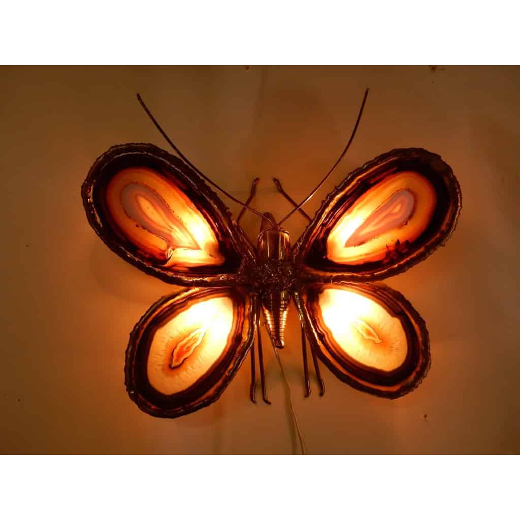 1970′ Applique Papillon Duval Brasseur Ou Isabelle Faure Avec Ailes En Agates Bleues 43 X H 37 CM | Biron |||||||||||||