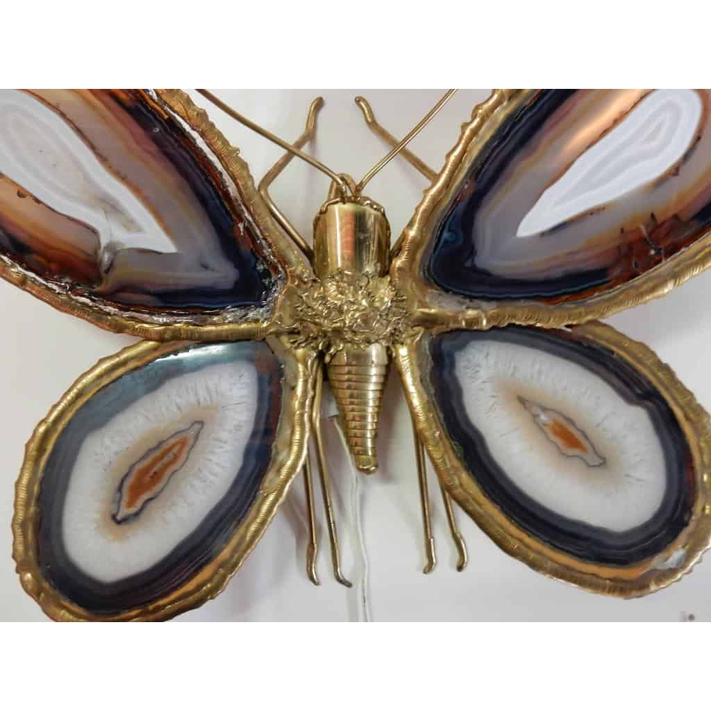 1970′ Applique Papillon Duval Brasseur Ou Isabelle Faure Avec Ailes En Agates Bleues 43 X H 37 CM | Biron 1970′ Applique Papillon Duval Brasseur Ou Isabelle Faure Avec Ailes En Agates Bleues 43 X H 37 CM