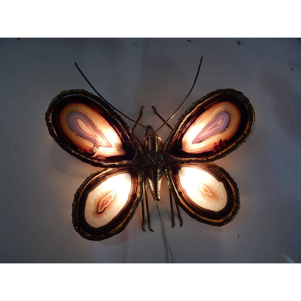 1970′ Applique Papillon Duval Brasseur Ou Isabelle Faure Avec Ailes En Agates Bleues 43 X H 37 CM | Biron 1970′ Applique Papillon Duval Brasseur Ou Isabelle Faure Avec Ailes En Agates Bleues 43 X H 37 CM