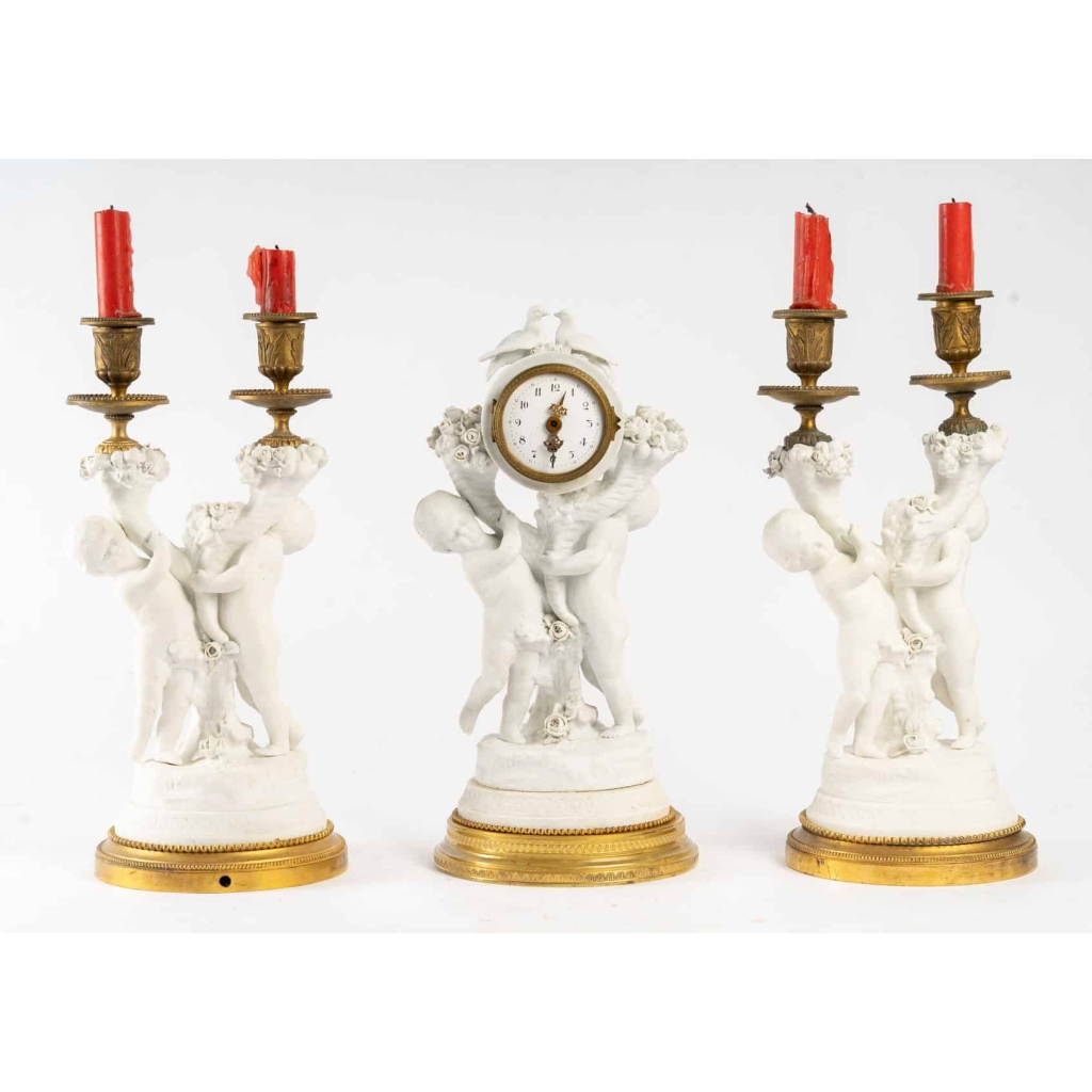 Belle Garniture en biscuit et bronze doré Fin XIXème siècle | Biron ||||||||||||||||||