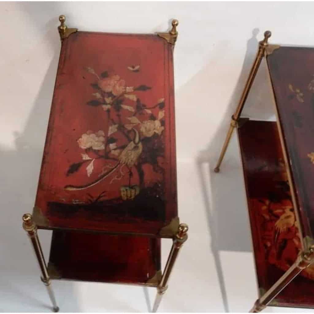 1950' Paire de Tables Maison Jansen En Bronze Doré Avec Plateaux Laque de Chine (RESERVE)