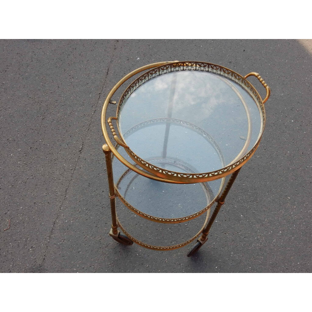 1950/70′ Desserte Roulante Ronde En Bronze Doré à 3 Plateaux | Biron 1950/70′ Desserte Roulante Ronde En Bronze Doré à 3 Plateaux
