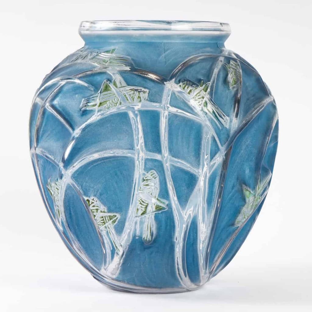 Vase « Sauterelles » verre blanc patiné d’origine bleu et vert de René LALIQUE | Biron |||||||