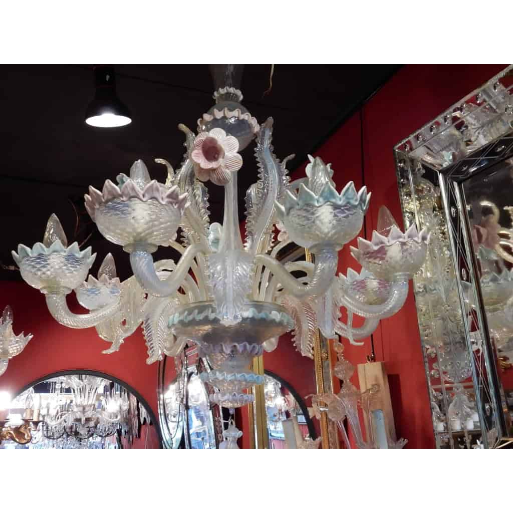 1950′ Lustre Murano Bleu Opalescent à Huit Bras de Lumière