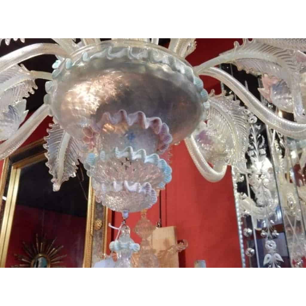 1950′ Lustre Murano Bleu Opalescent à Huit Bras de Lumière
