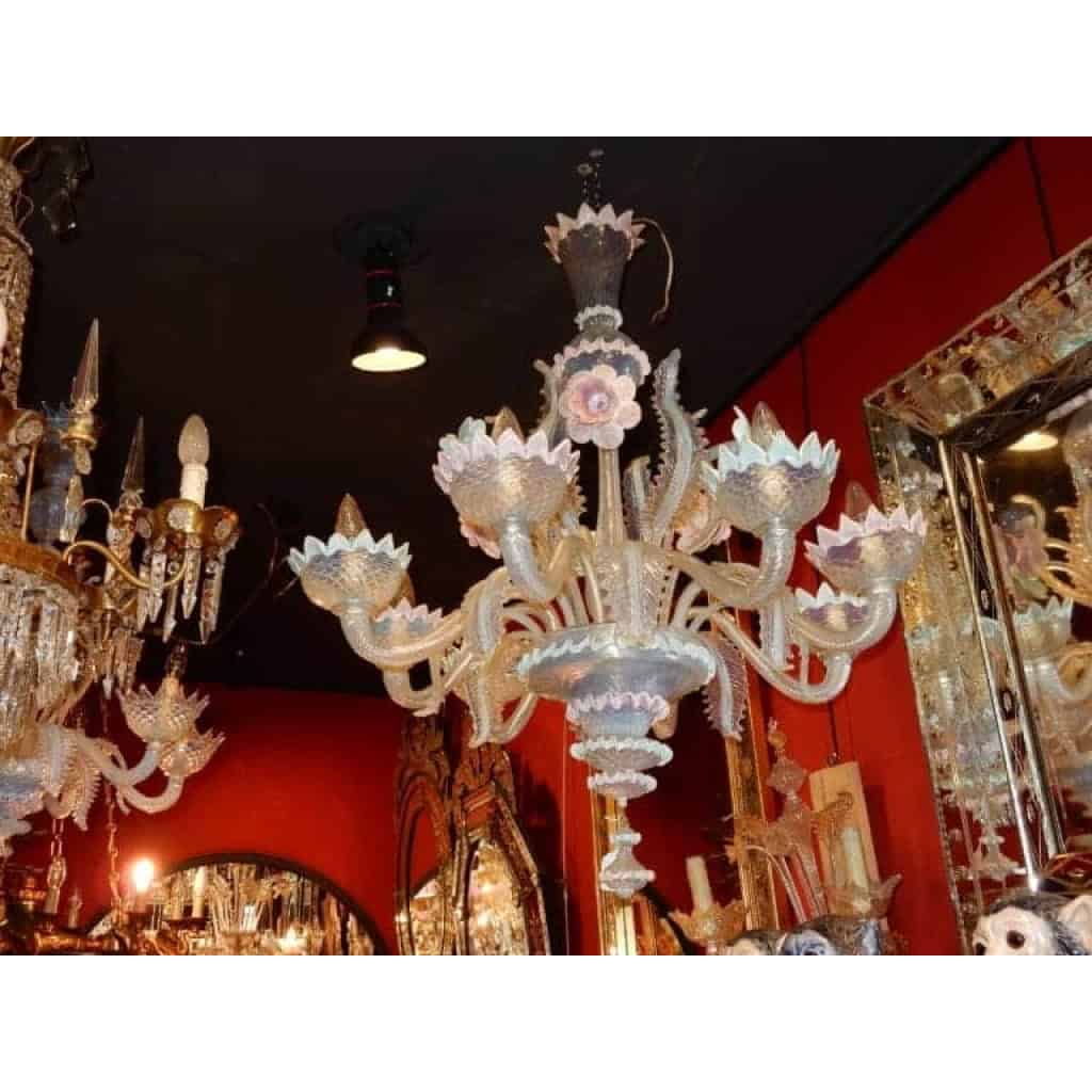 1950′ Lustre Murano Bleu Opalescent à Huit Bras de Lumière
