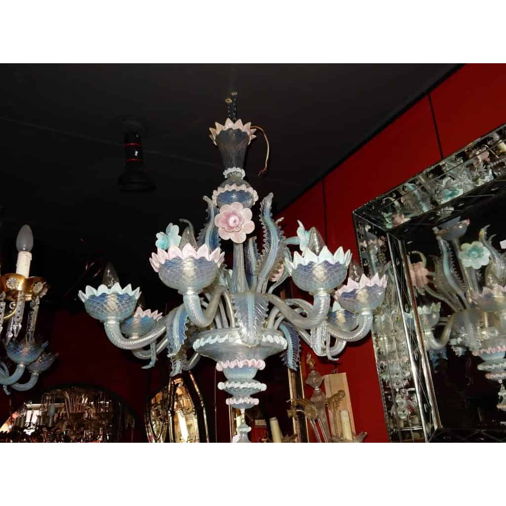 1950′ Lustre Murano Bleu Opalescent à Huit Bras de Lumière