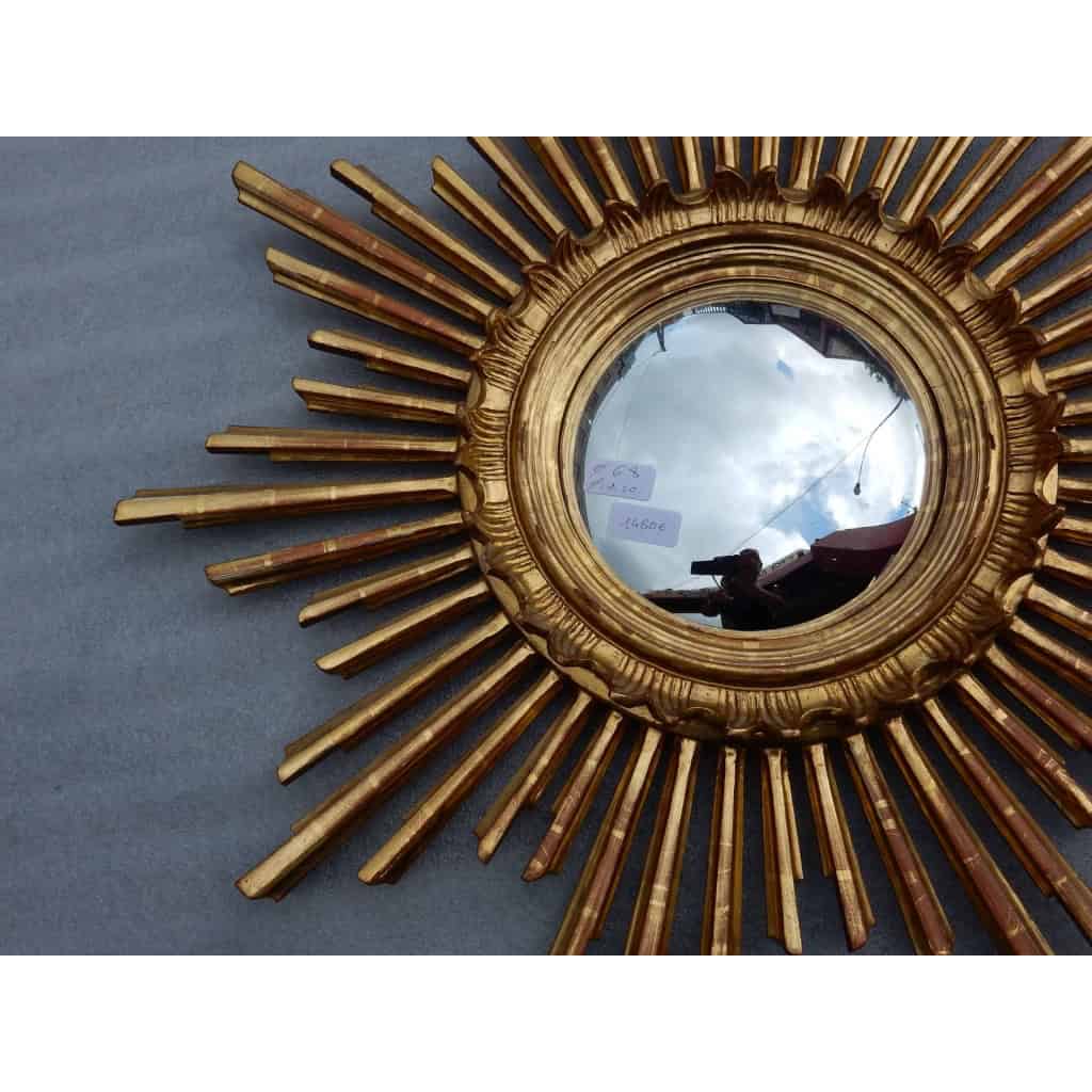 1950/70 ‘ Miroir soleil Convexe, Bois Doré Diamètre 68 cm | Biron 1950/70 ‘ Miroir soleil Convexe, Bois Doré Diamètre 68 cm