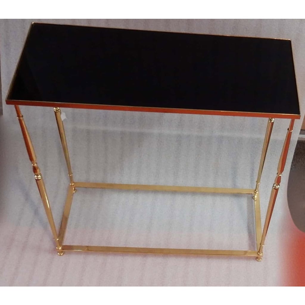 1970′ Console Bronze Doré Plateau Opaline Noire 70 X 30 X H 70 cm
