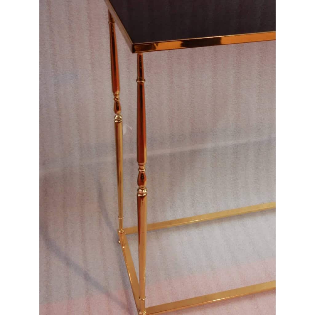 1970′ Console Bronze Doré Plateau Opaline Noire 70 X 30 X H 70 cm