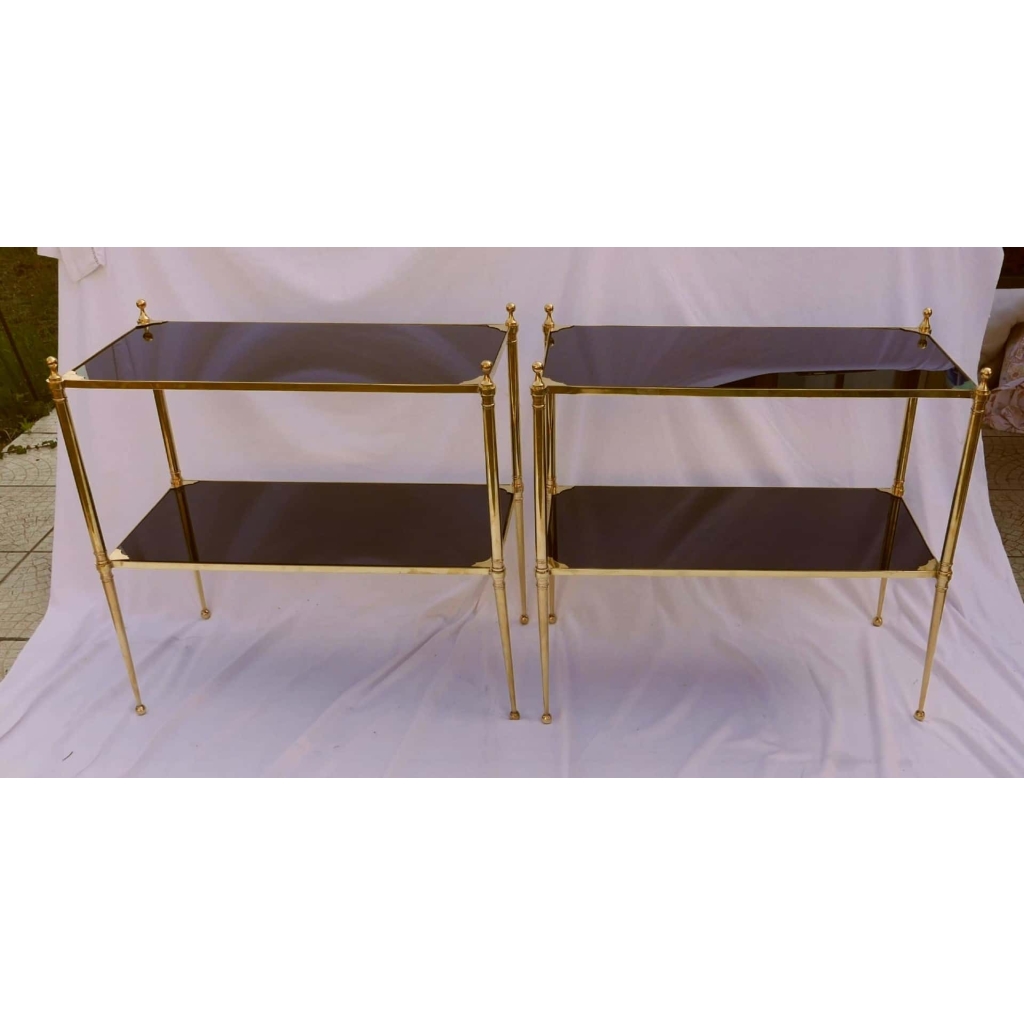 1950/70′ Paire Étagères en Laiton à 2 Niveaux Maison Baguès Plateaux Verre Noir 63 X 32 cm