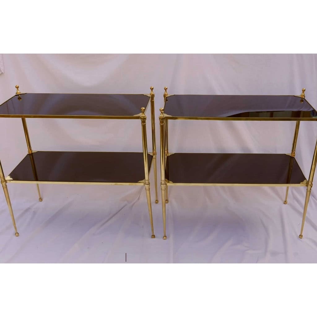 1950/70′ Paire Étagères en Laiton à 2 Niveaux Maison Baguès Plateaux Verre Noir 63 X 32 cm
