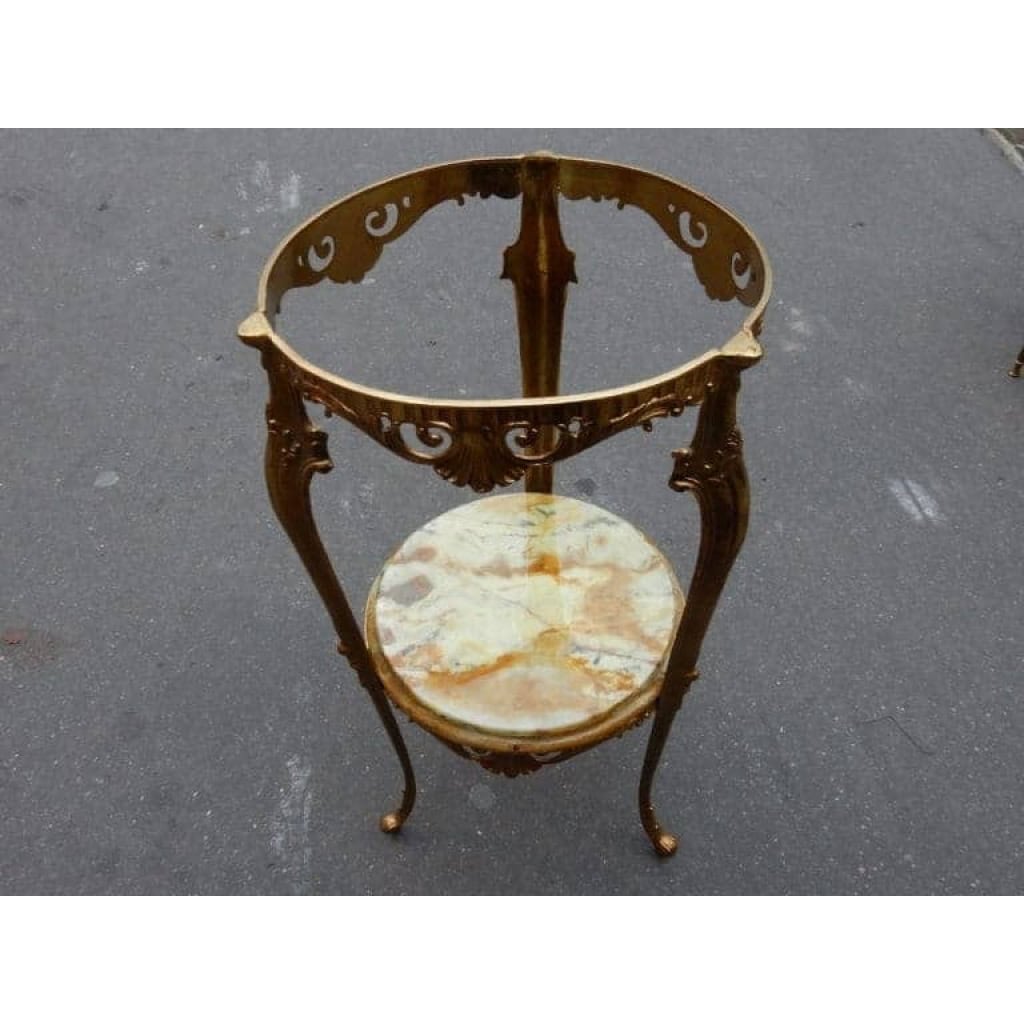 1970′ Paire de Sellettes en Bronze Doré Style LXV Plateaux Onyx