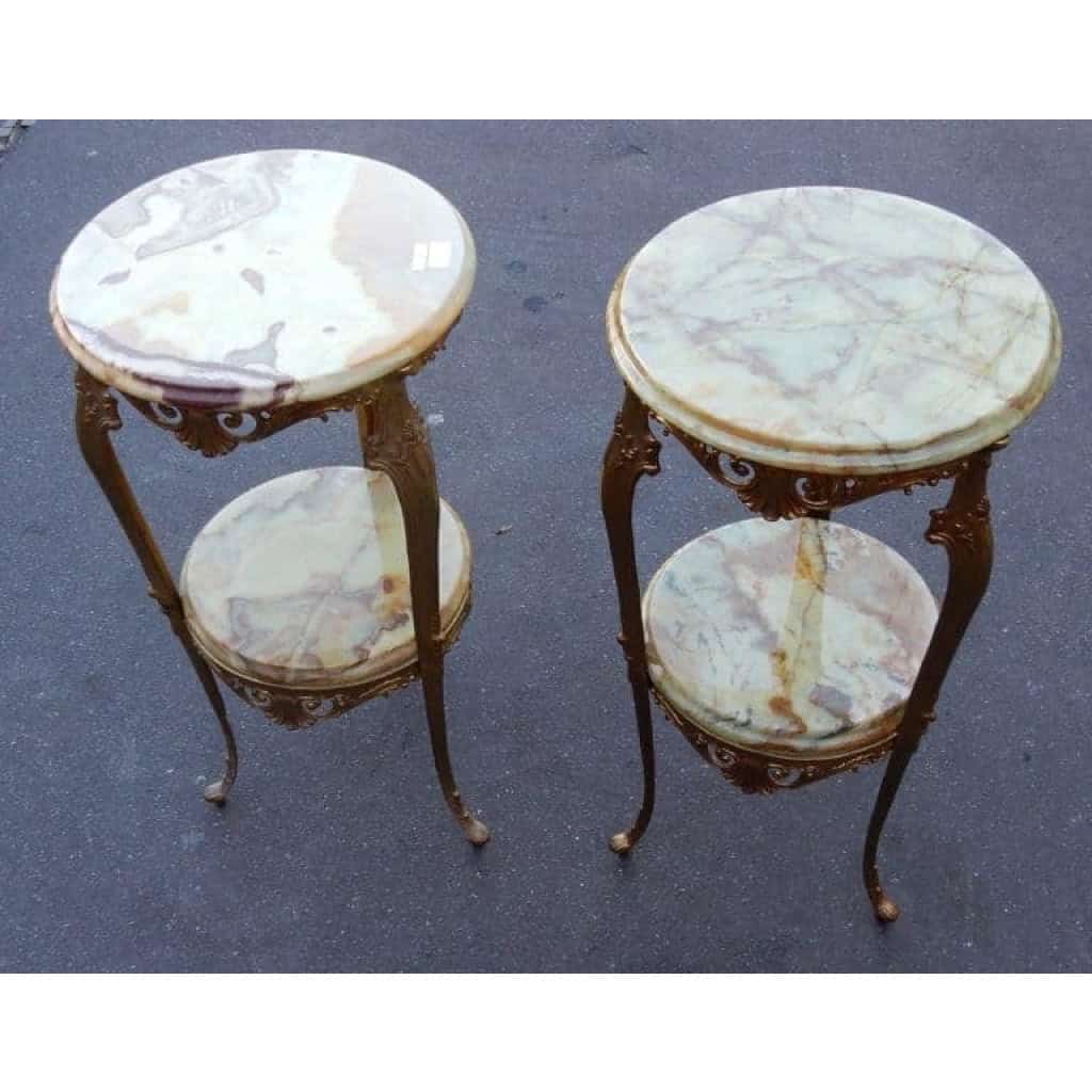 1970′ Paire de Sellettes en Bronze Doré Style LXV Plateaux Onyx