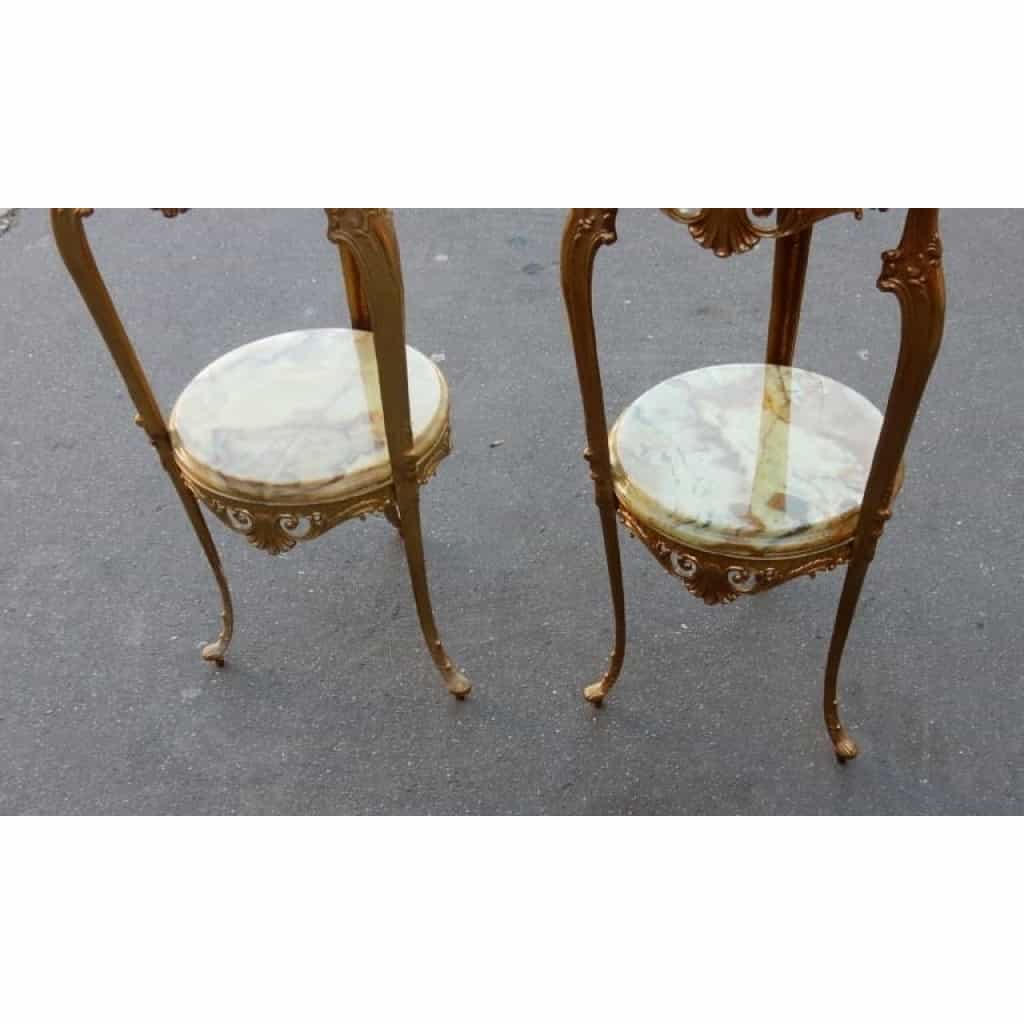 1970′ Paire de Sellettes en Bronze Doré Style LXV Plateaux Onyx