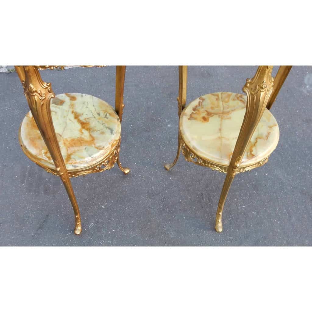 1970′ Paire de Sellettes en Bronze Doré Style LXV Plateaux Onyx