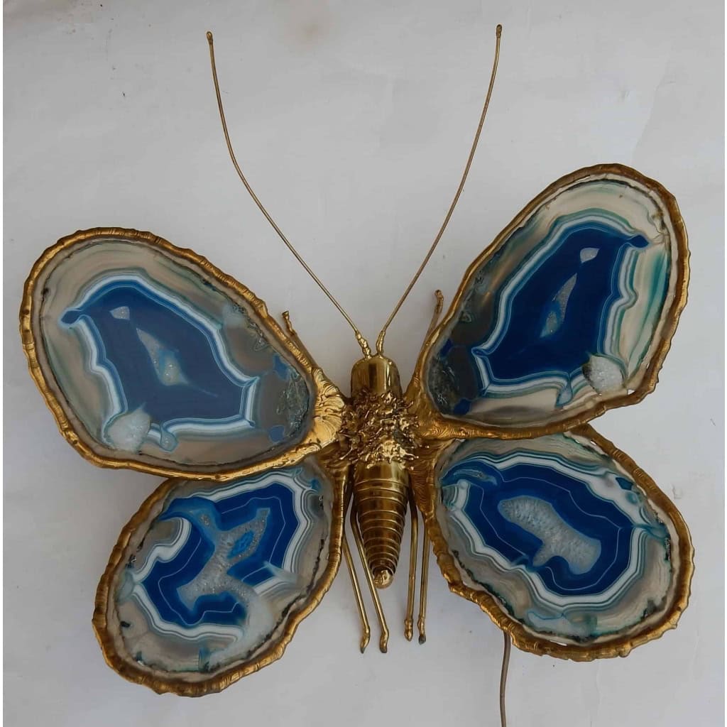 1970′ Applique Papillon Duval Brasseur Ou Isabelle Faure Avec Ailes En Agates Bleues 39 X H 39 CM | Biron |||||||||||
