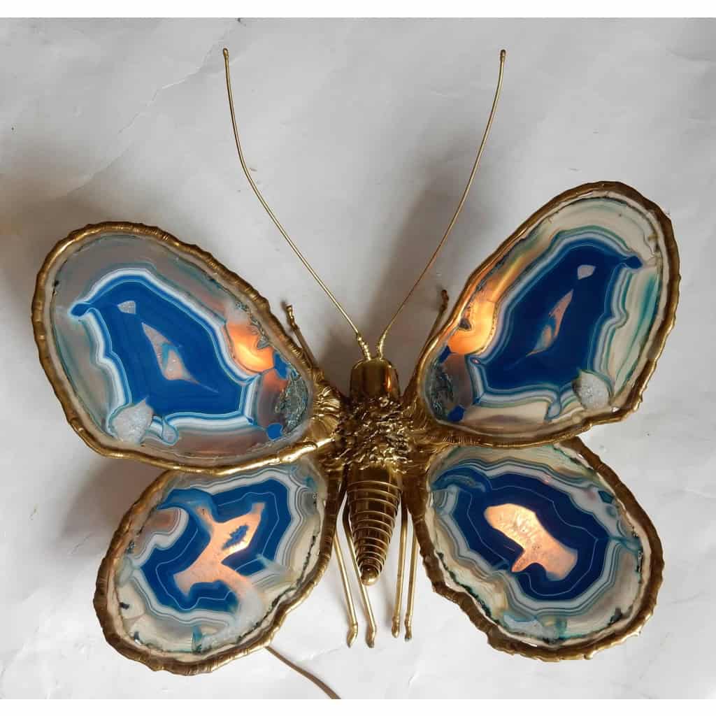 1970′ Applique Papillon Duval Brasseur Ou Isabelle Faure Avec Ailes En Agates Bleues 39 X H 39 CM | Biron 1970′ Applique Papillon Duval Brasseur Ou Isabelle Faure Avec Ailes En Agates Bleues 39 X H 39 CM