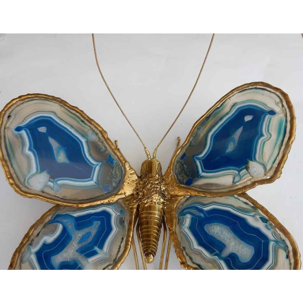 1970′ Applique Papillon Duval Brasseur Ou Isabelle Faure Avec Ailes En Agates Bleues 39 X H 39 CM | Biron 1970′ Applique Papillon Duval Brasseur Ou Isabelle Faure Avec Ailes En Agates Bleues 39 X H 39 CM