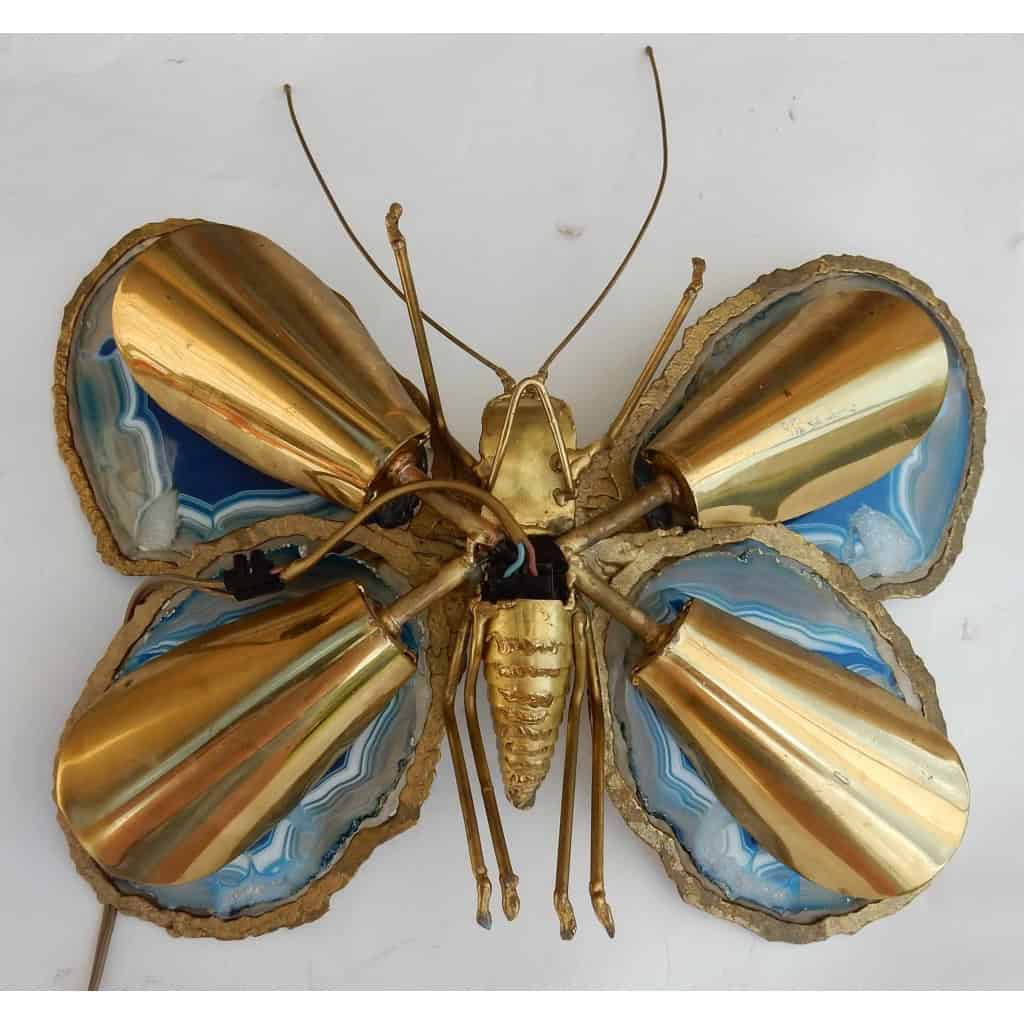 1970′ Applique Papillon Duval Brasseur Ou Isabelle Faure Avec Ailes En Agates Bleues 39 X H 39 CM | Biron 1970′ Applique Papillon Duval Brasseur Ou Isabelle Faure Avec Ailes En Agates Bleues 39 X H 39 CM