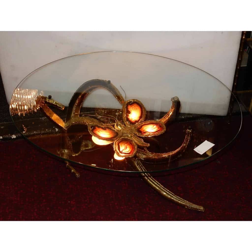 1970′ Table Basse Au Papillon Avec Ailes En Agates Dans Le Style De Duval Brasseur | Biron ||||||||