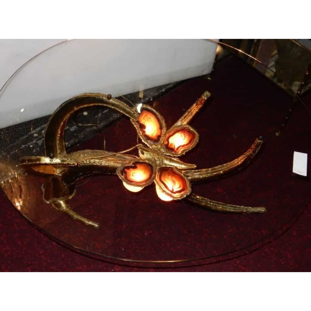 1970′ Table Basse Au Papillon Avec Ailes En Agates Dans Le Style De Duval Brasseur | Biron 1970′ Table Basse Au Papillon Avec Ailes En Agates Dans Le Style De Duval Brasseur