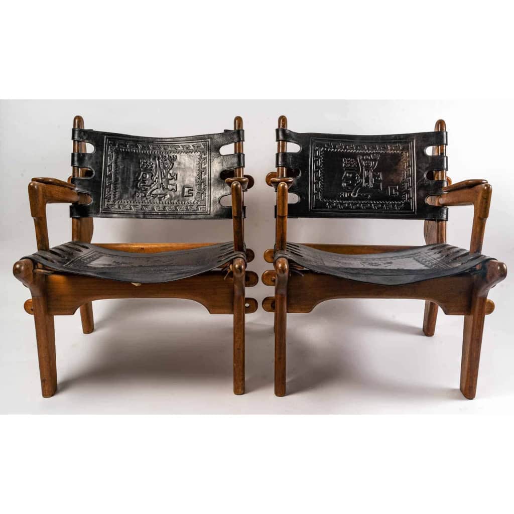 Paire de fauteuils, années 1960, teck et cuir | Biron ||||||||||
