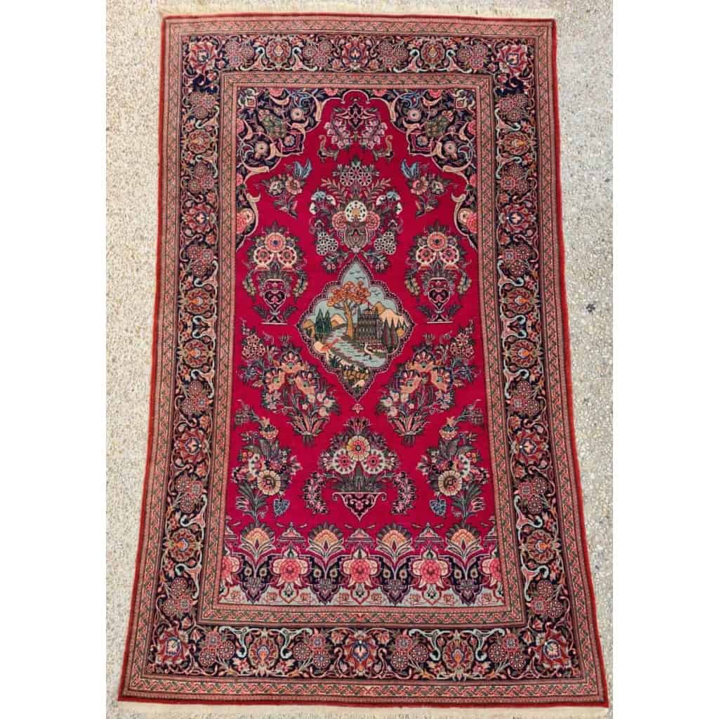 Rare Tapis Kashan Laine Kork Médaillon médaillon représentant un chateaux au bord d’une rivière – Iran Vers 1930 | Biron |||||||