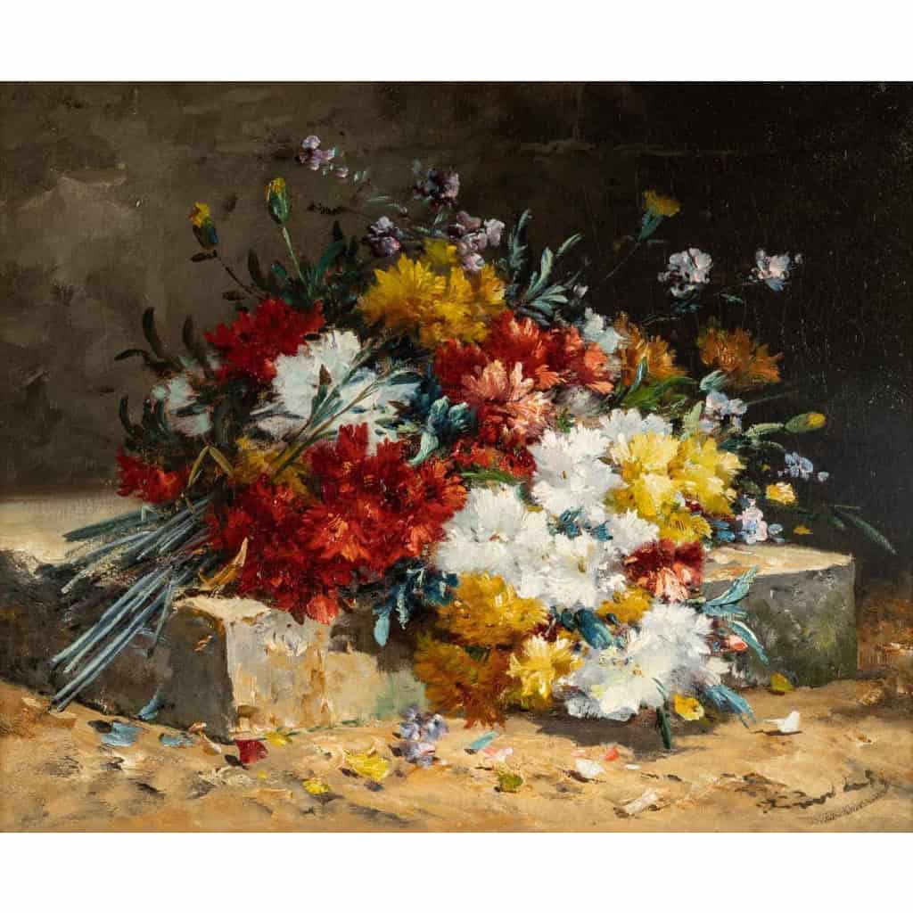 Henri Cauchois (1850 - 1911) : Bouquet d'oeillets sur un entablement.