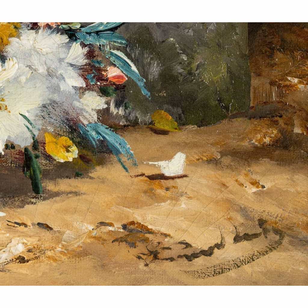 Henri Cauchois (1850 - 1911) : Bouquet d'oeillets sur un entablement.