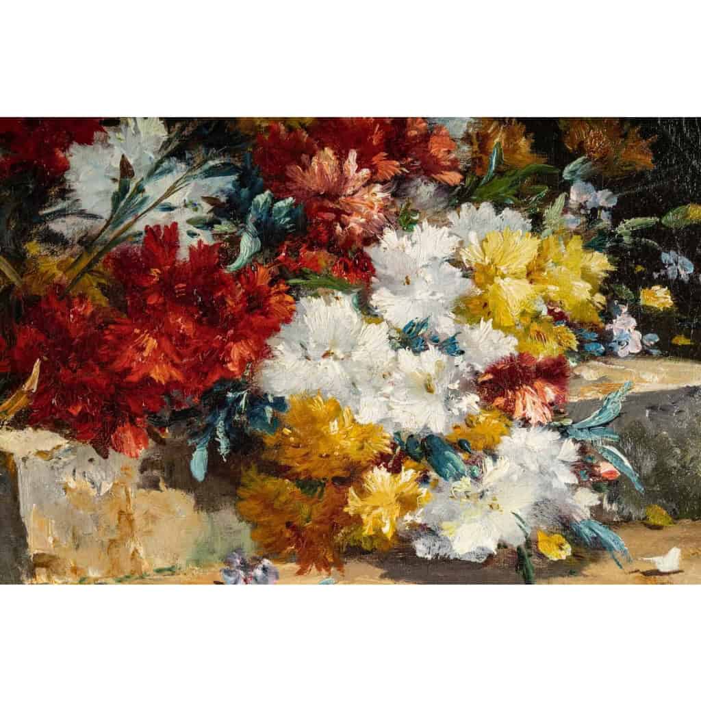 Henri Cauchois (1850 - 1911) : Bouquet d'oeillets sur un entablement.