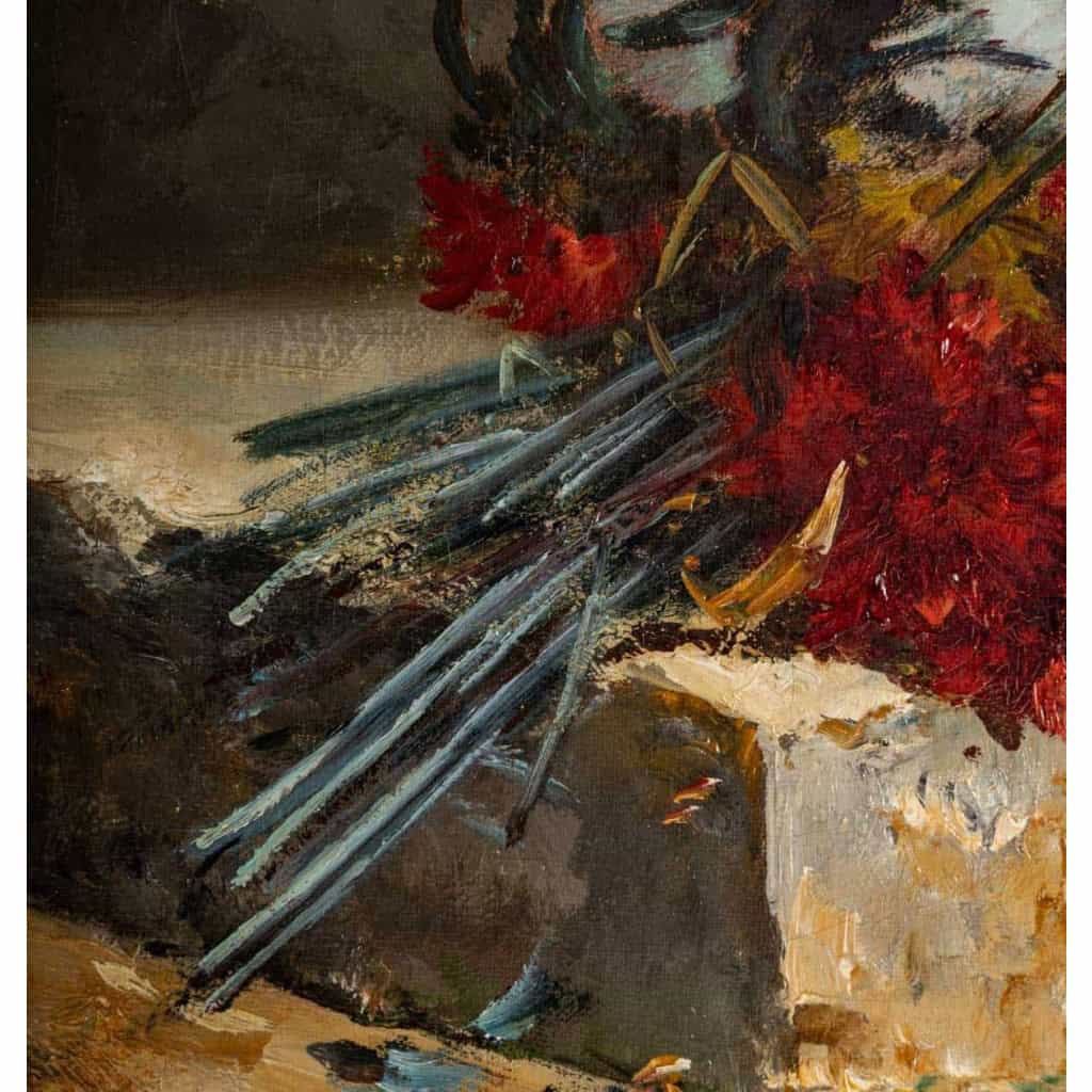 Henri Cauchois (1850 - 1911) : Bouquet d'oeillets sur un entablement.