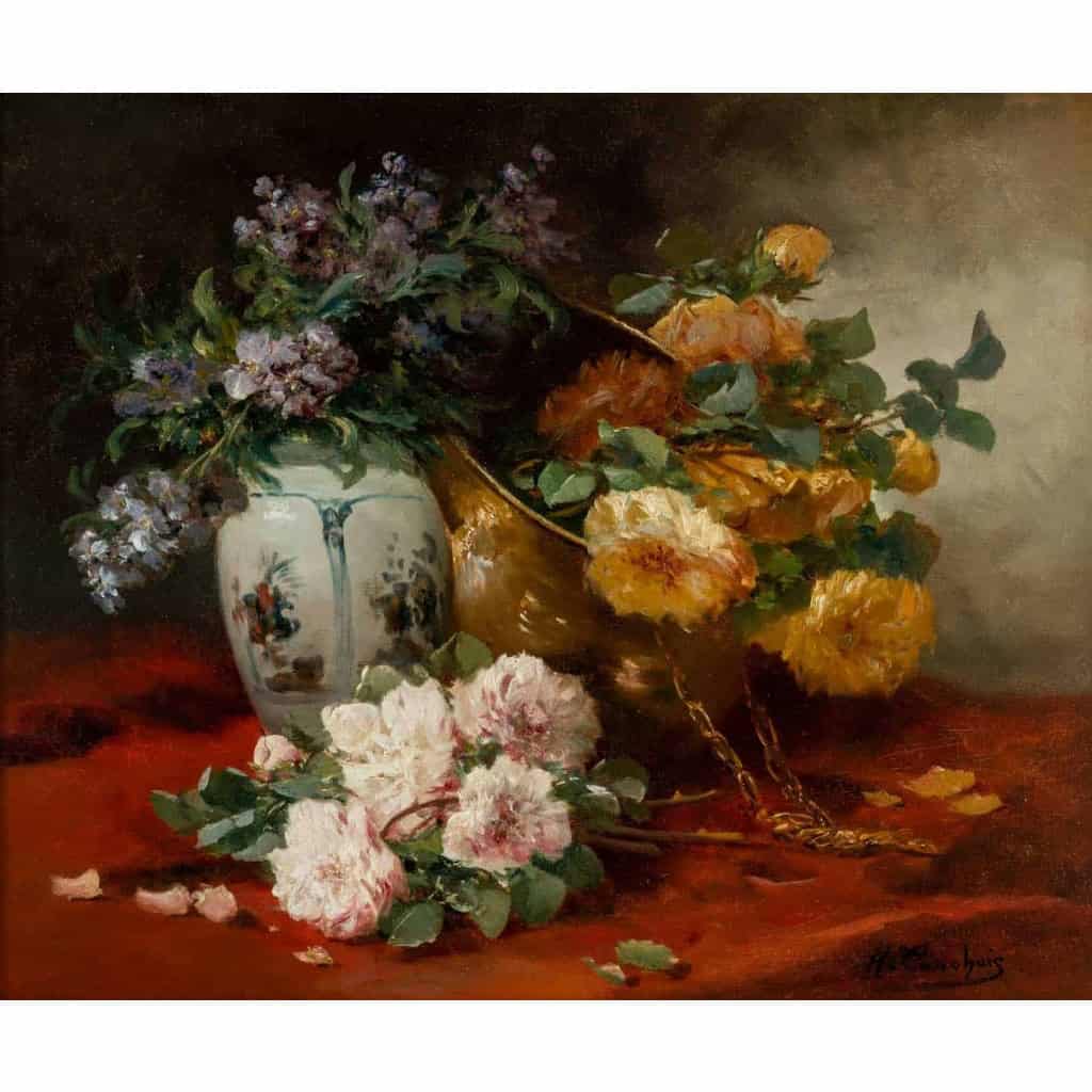 Henri Cauchois (1850 - 1911) : Nature morte aux bouquets de roses.