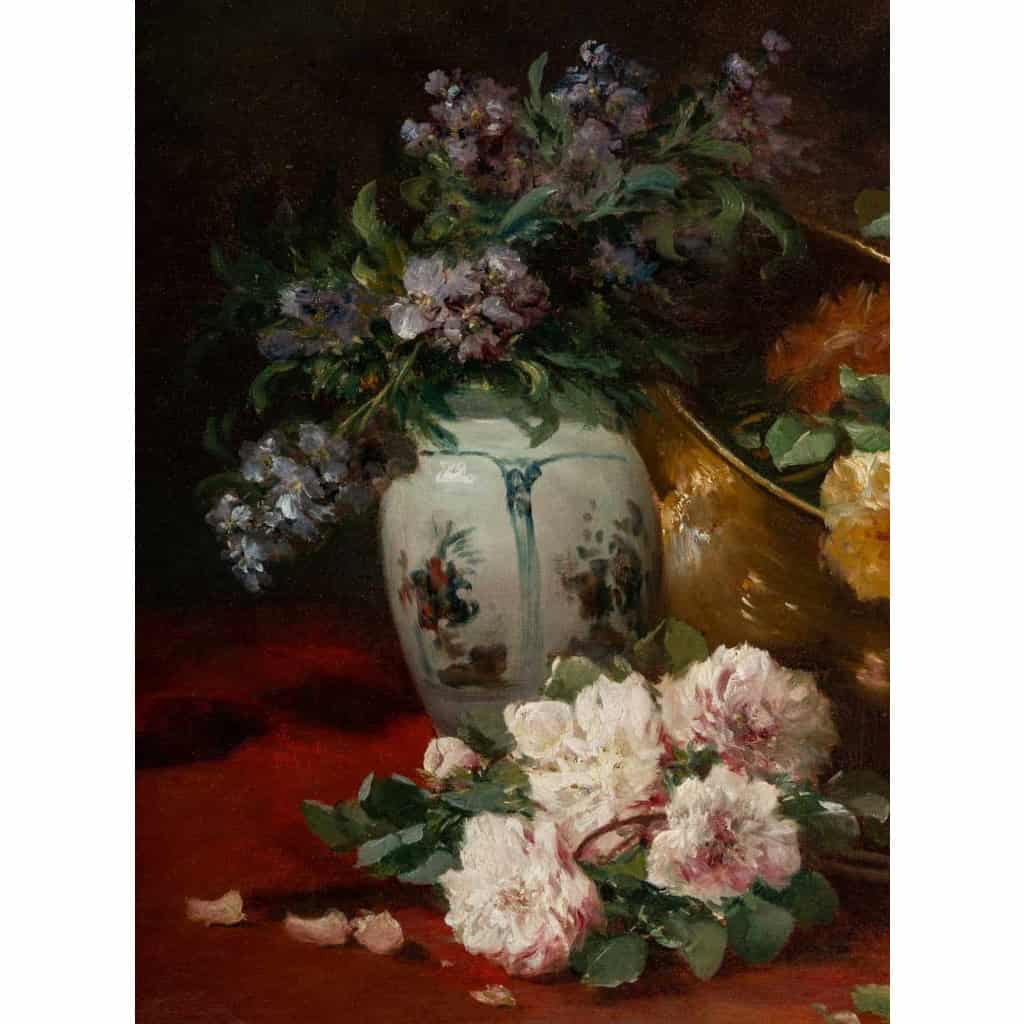Henri Cauchois (1850 - 1911) : Nature morte aux bouquets de roses.