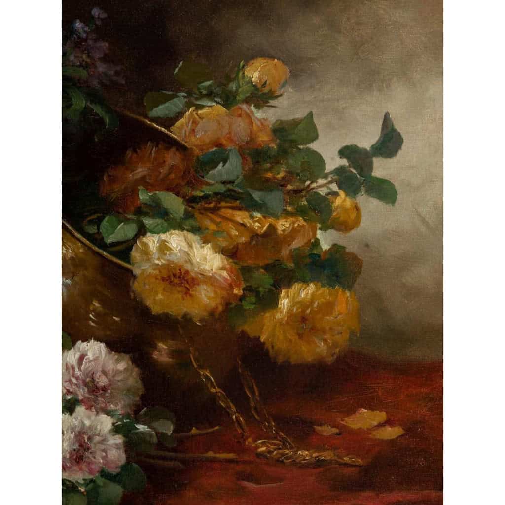 Henri Cauchois (1850 - 1911) : Nature morte aux bouquets de roses.